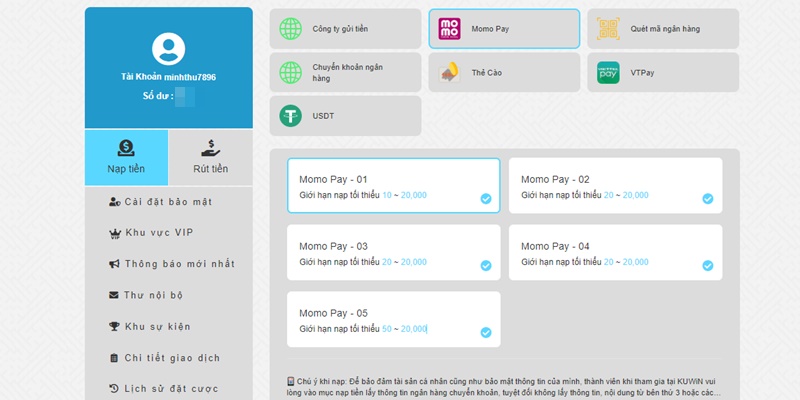 Bạn có thể nạp tiền KUWIN bằng ví điện tử như Momo Pay